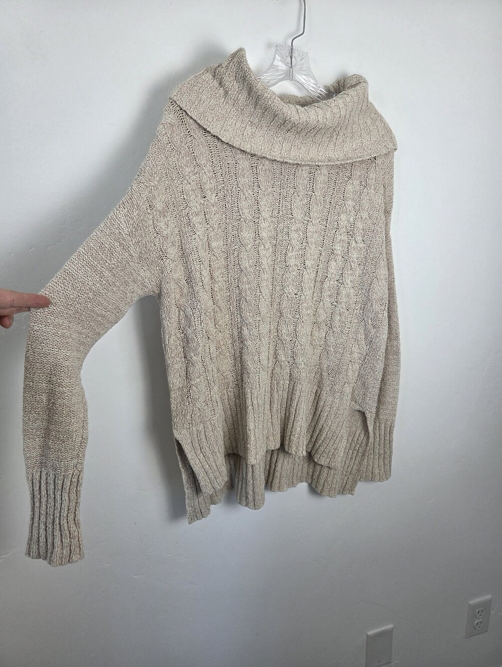Mossimo Cowl Neck Roll Neck Sweater Chunky Cable Knit Cotton Oatmeal Beige L
